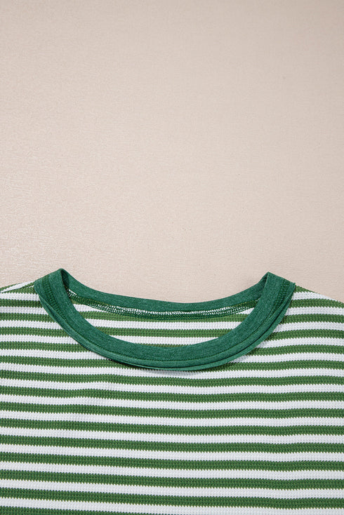 Ribbed Thermal Stripe Drop Shoulder Exposed Seam Patchwork Long Sleeve Top